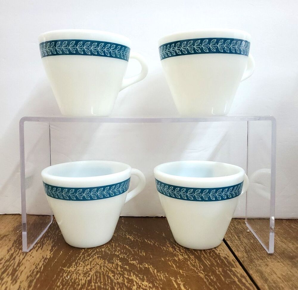 Vintage Pyrex Laurel Leaf Bluegrass Turquoise Teal Milk Glass Coffee Mug Set / 4